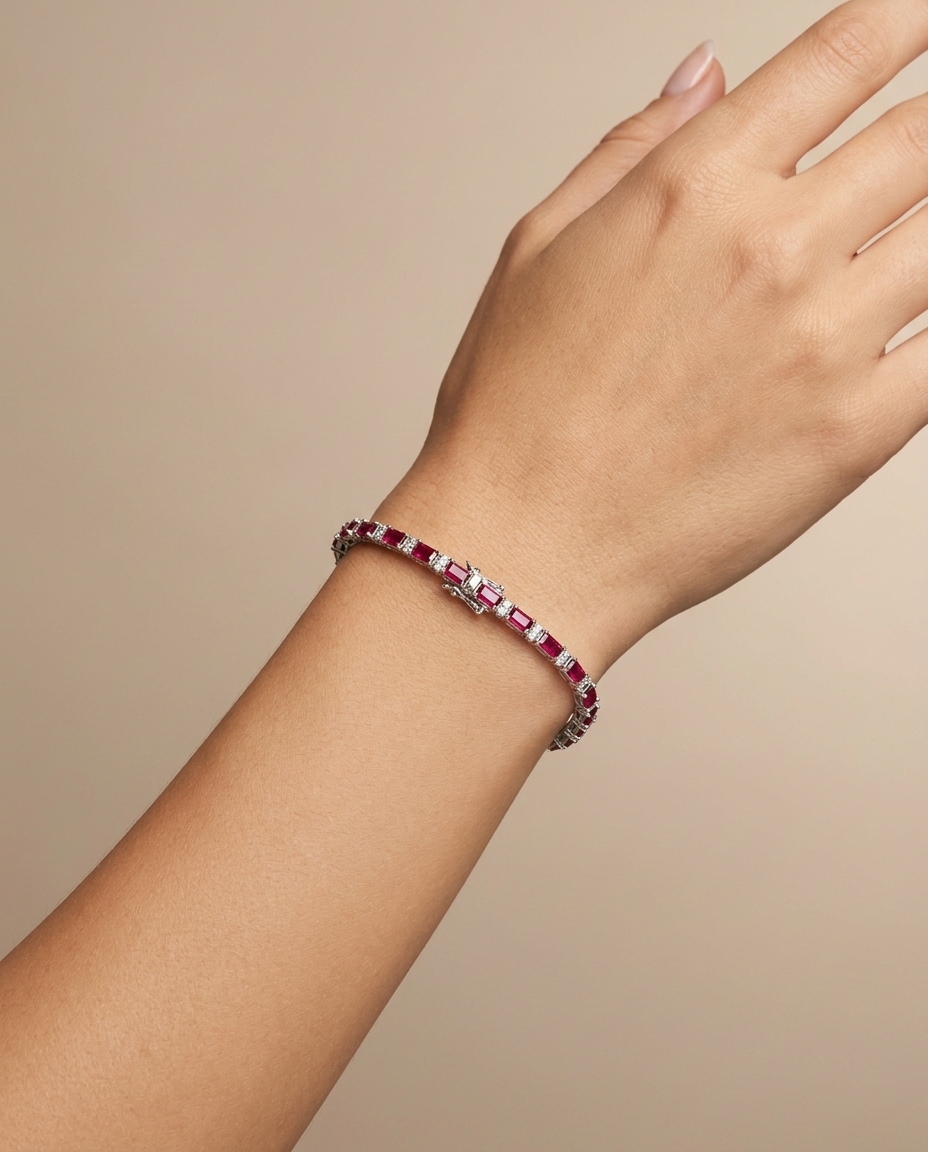 18KT White Gold Ruby and Diamond Bracelet on model
