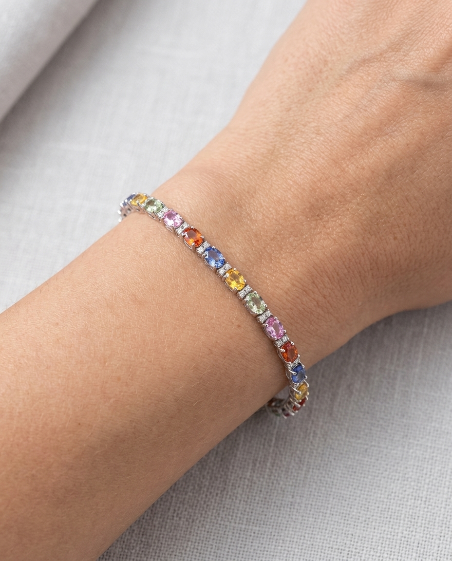 18K White Gold Multi Sapphire and Diamonds Bracelet on model
