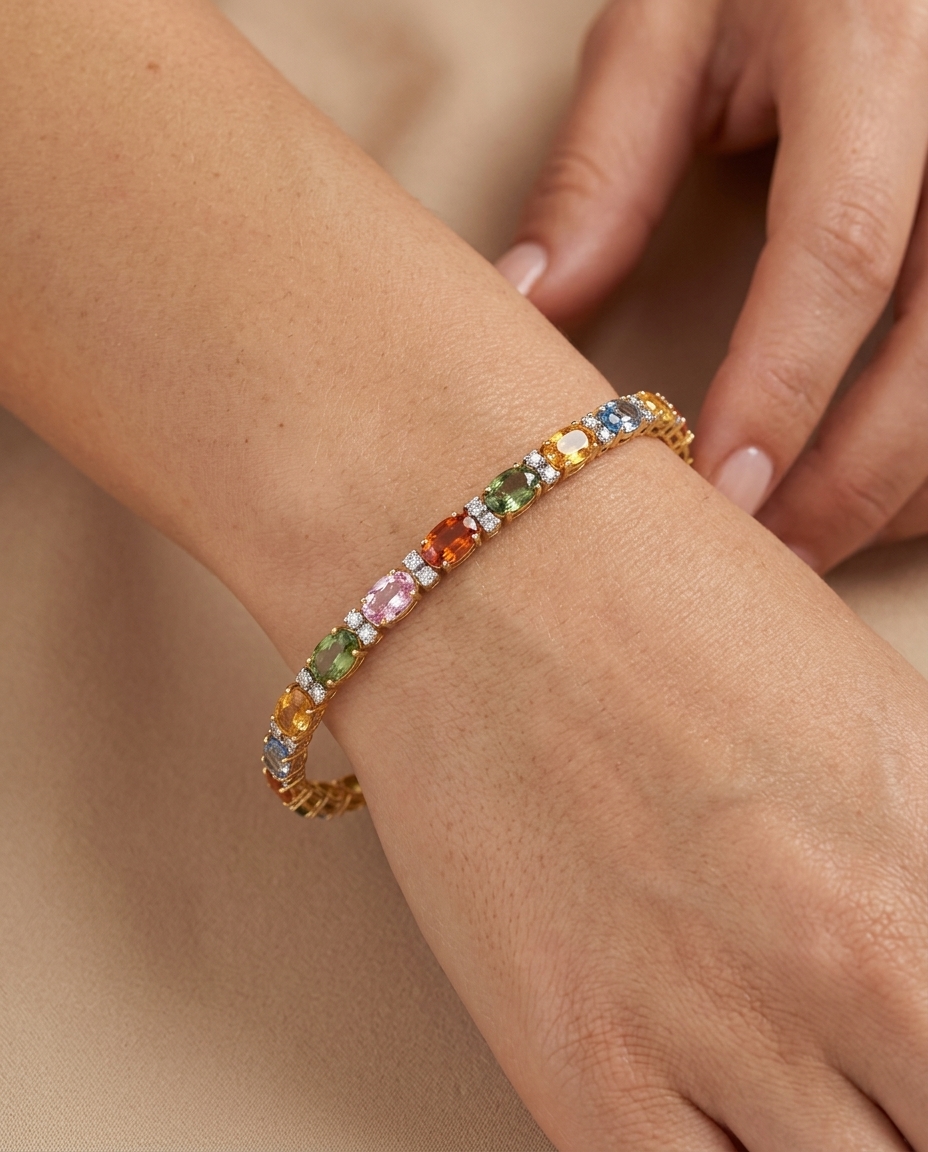 18KT Yellow Gold Multi Sapphire and Diamonds Bracelet on model
