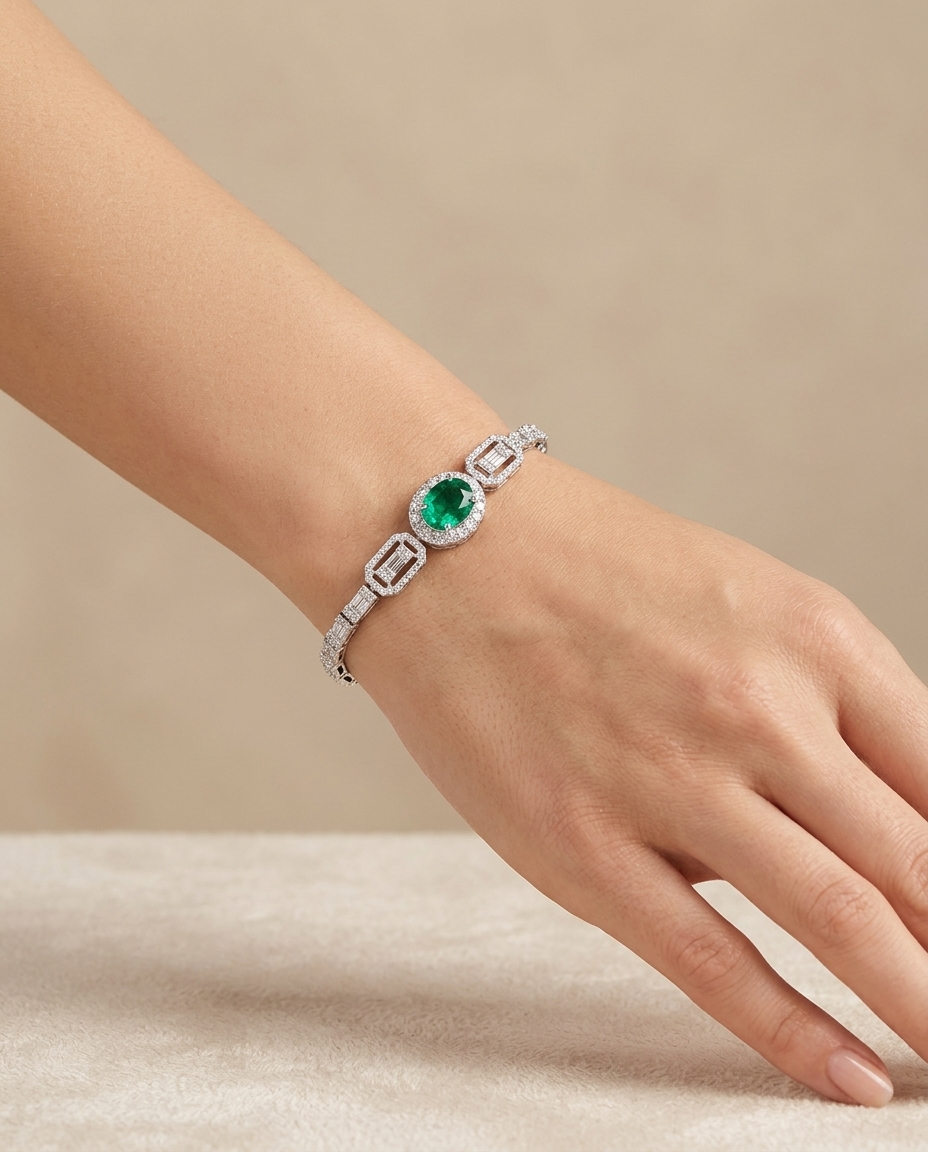 18KT Gold Emerald & Diamond Halo Tennis Bracelet on model