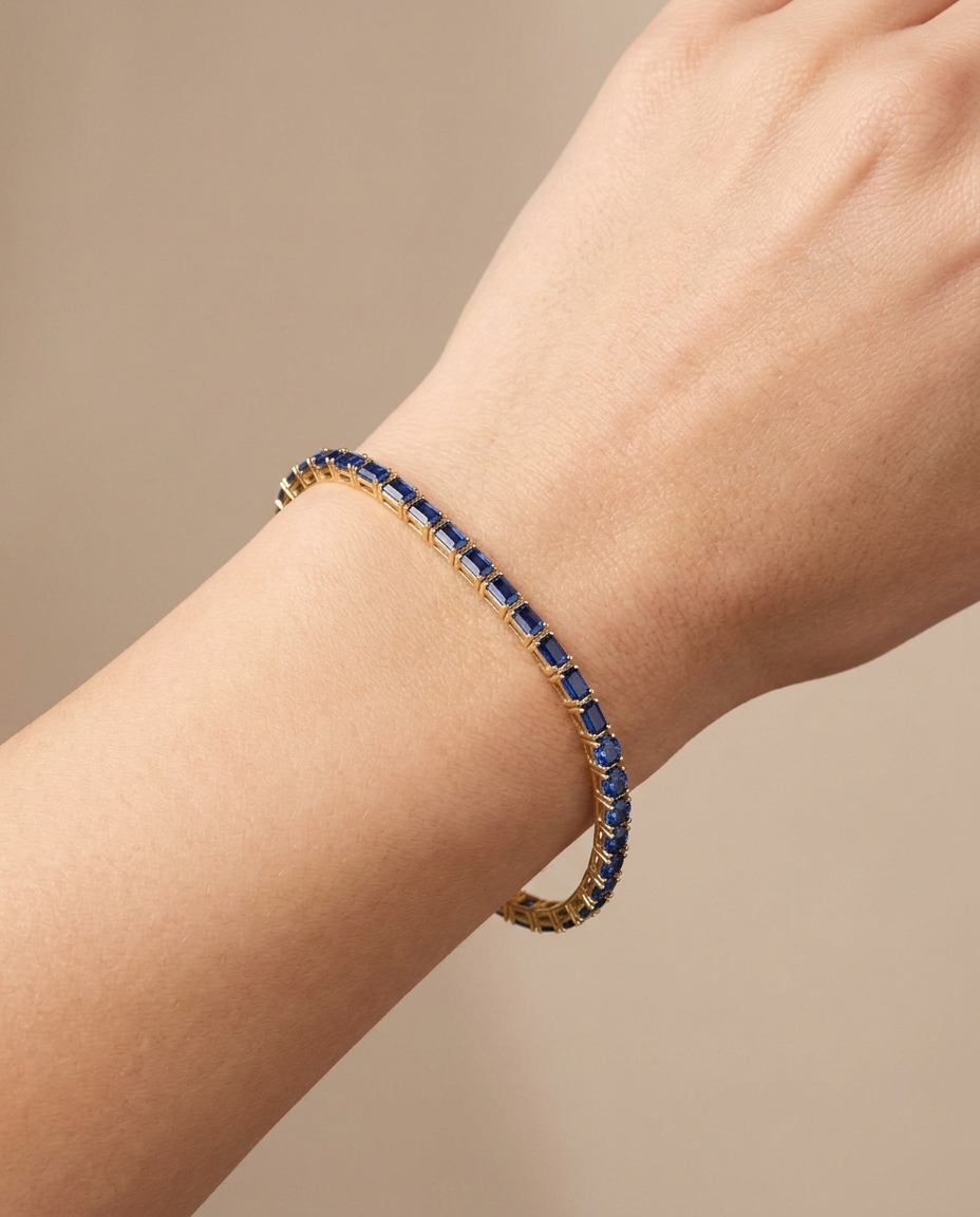 14KT Gold Baguette Blue Sapphire Bracelet on model