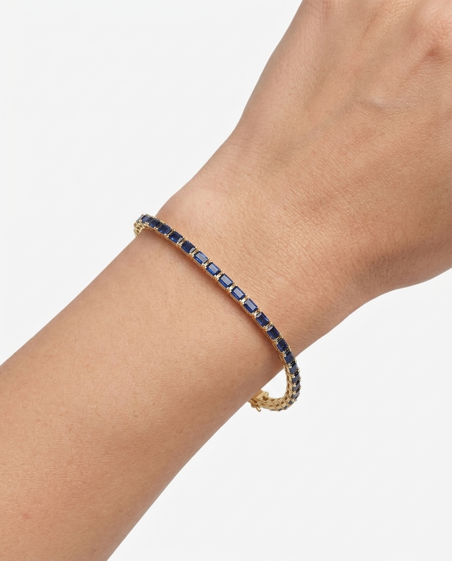14KT Gold Baguette Blue Sapphire Bracelet on model