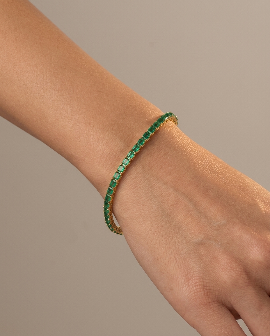 14KT Gold Baguette Emerald Bracelet on model