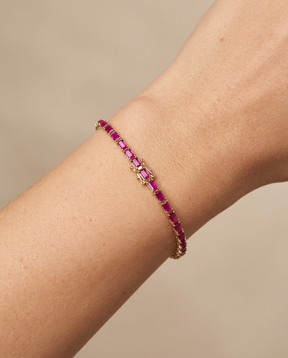 14KT Yellow Gold Baguette Ruby Bracelet on model