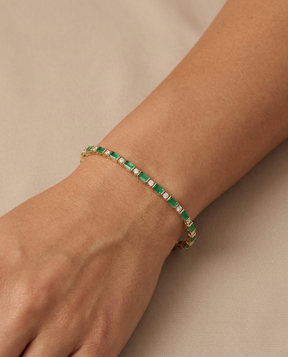 14KT Yellow Gold Emerald and Diamonds Bracelet on model