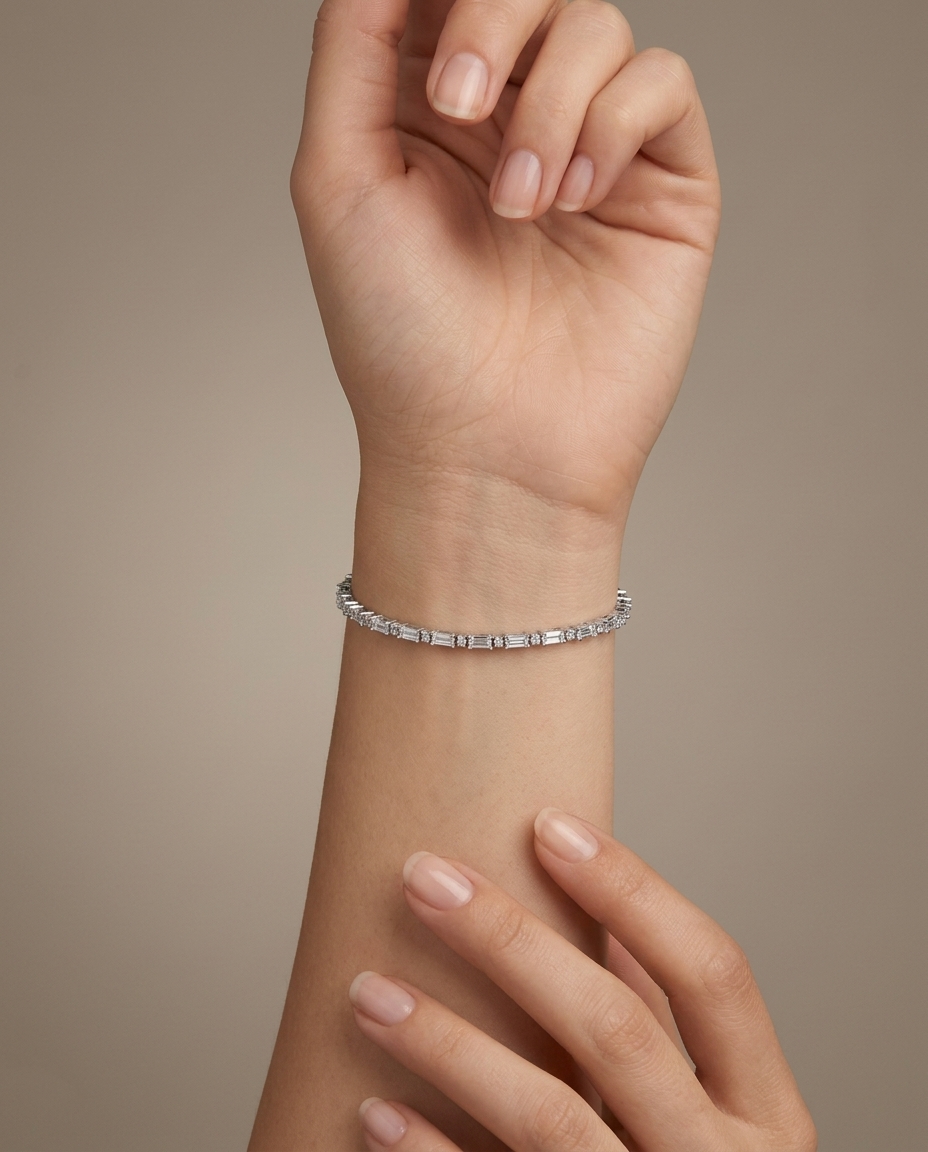 18KT White Gold Bracelet with Baguette Diamonds on model