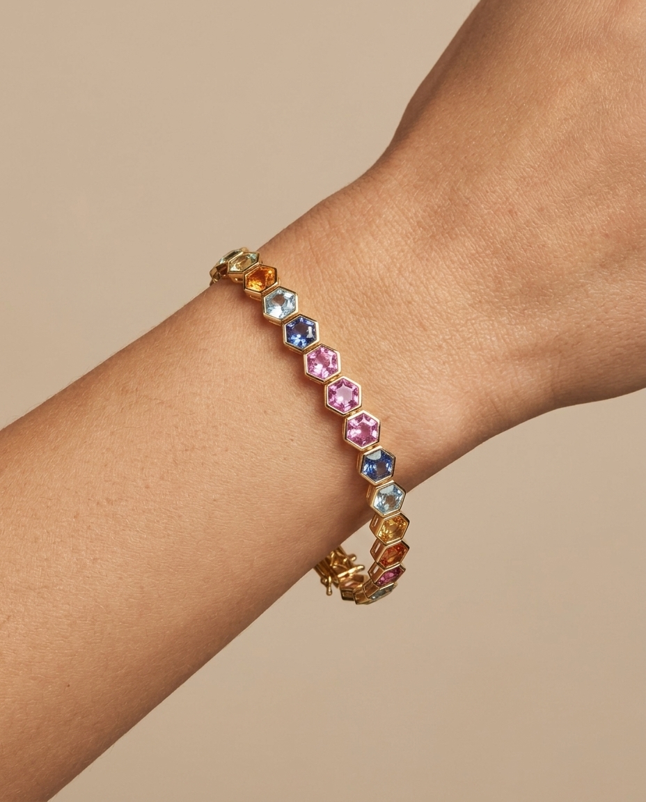 14KT Yellow Gold Multi Sapphire Bracelet on model