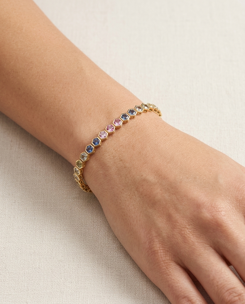 14KT Yellow Gold Multi Sapphire Bracelet on model
