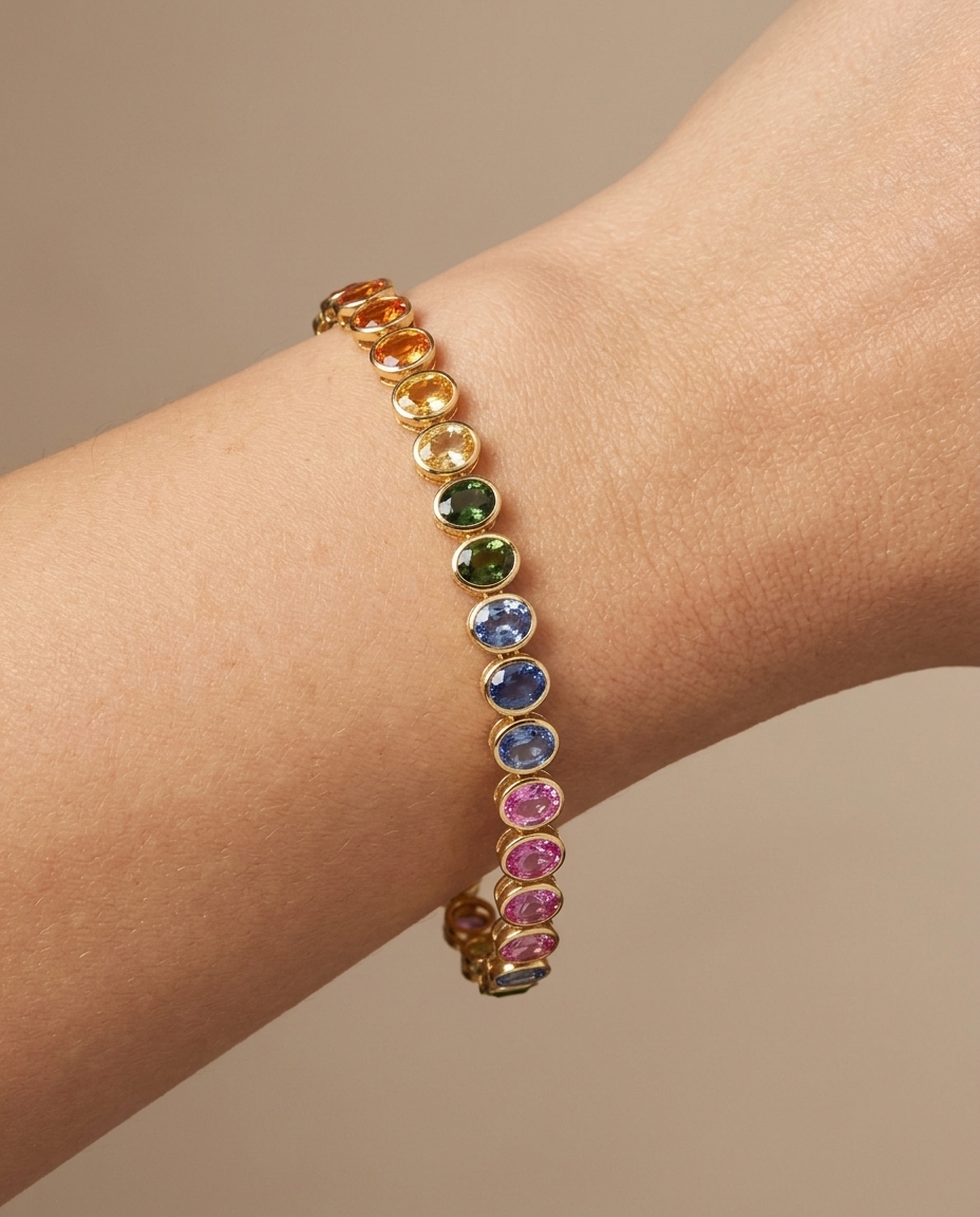 18KT Gold Multi Sapphire Bracelet on model