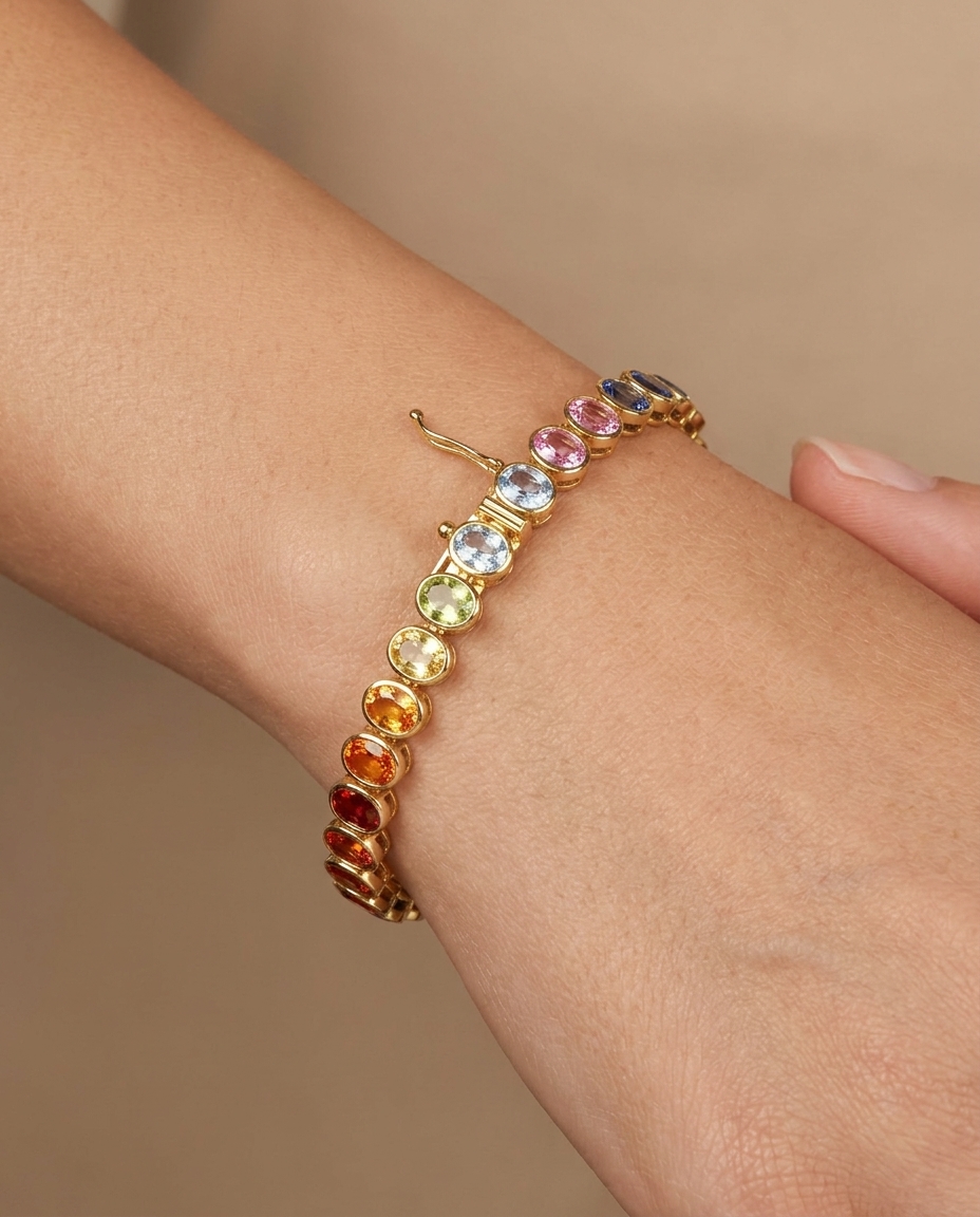 18KT Gold Multi Sapphire Bracelet on model