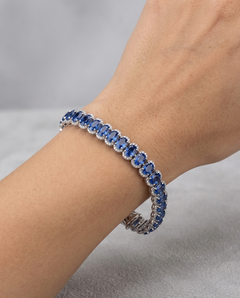 18KT White Gold Sapphire and Diamond Bracelet on model