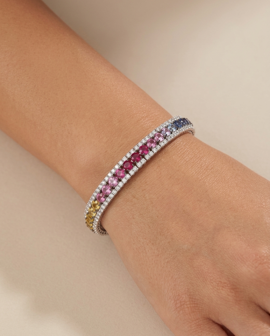 18KT White Gold Multi Sapphire and Diamonds Bracelet on model