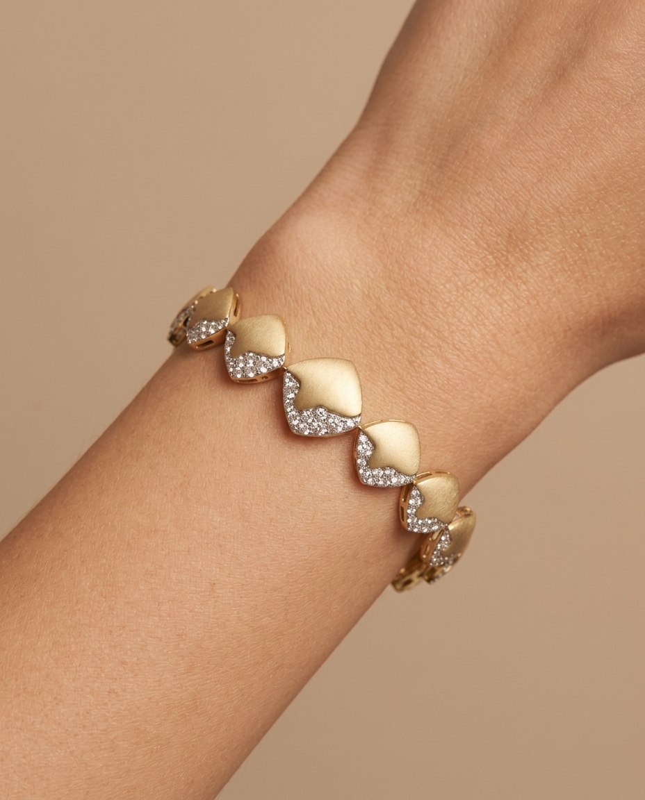 14KT Gold Diamond Matte Finish Bracelet on model