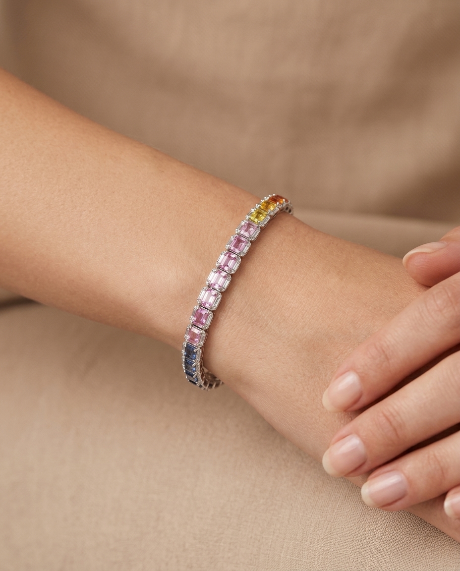18KT White Gold Multi Sapphire and Diamonds Bracelet on model