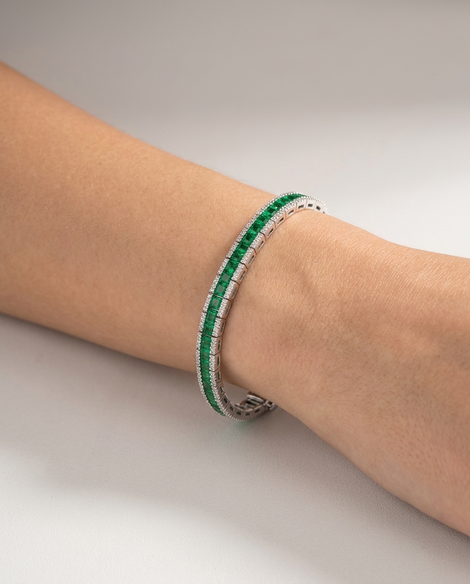 18KT Gold Emerald & Diamond Baguette Bracelet on model