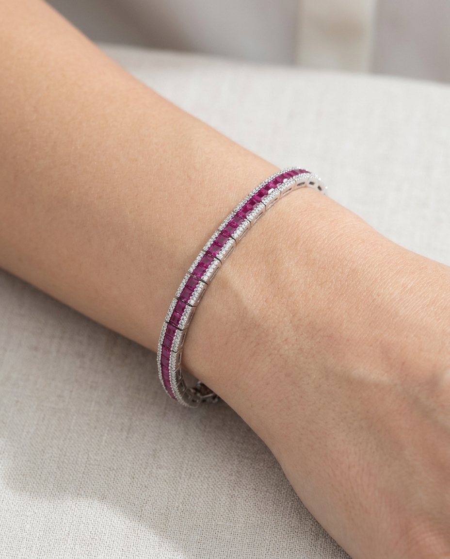 18KT White Gold Ruby and Diamonds Bracelet on model