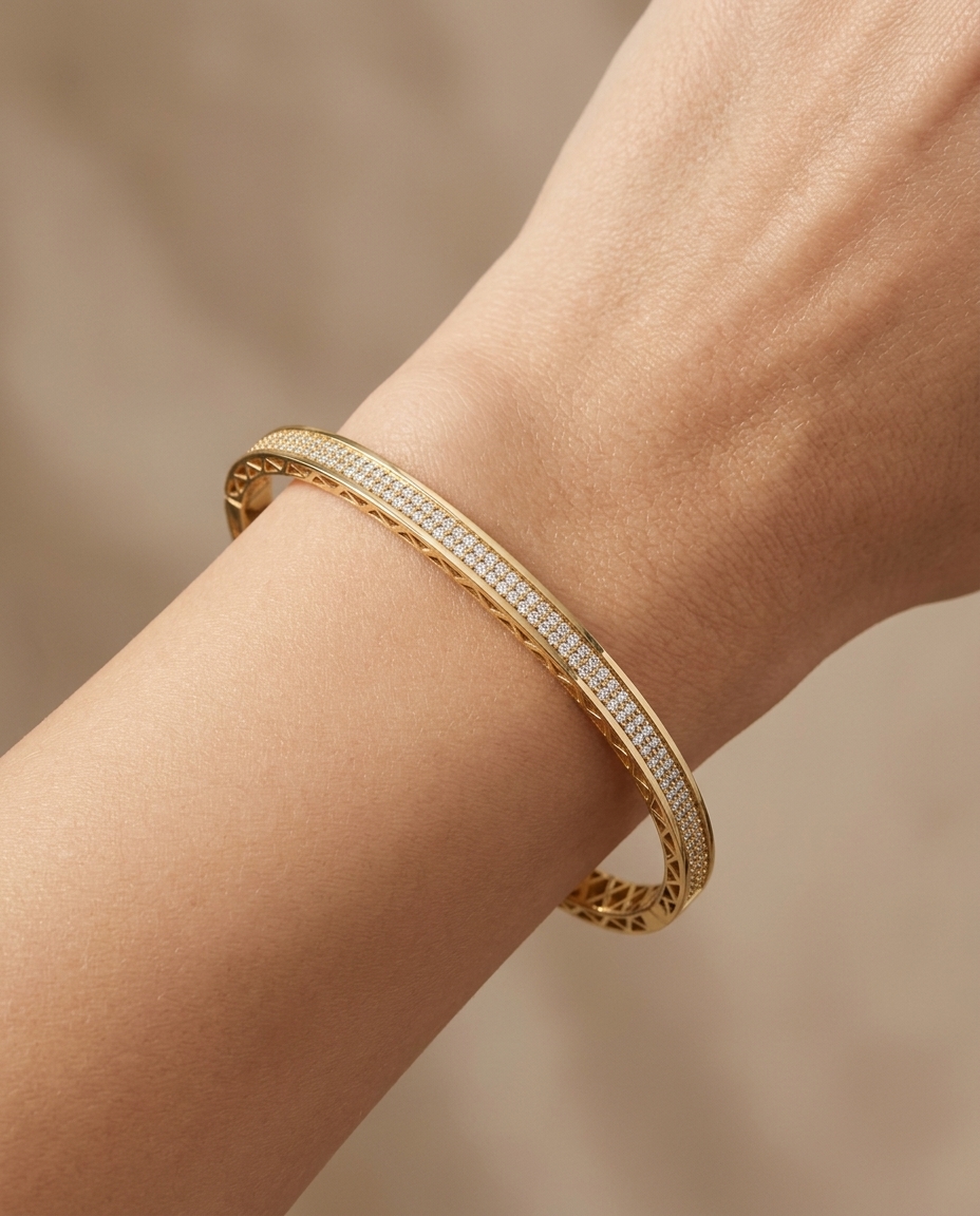 14KT Yellow Gold Diamond Bangle on model