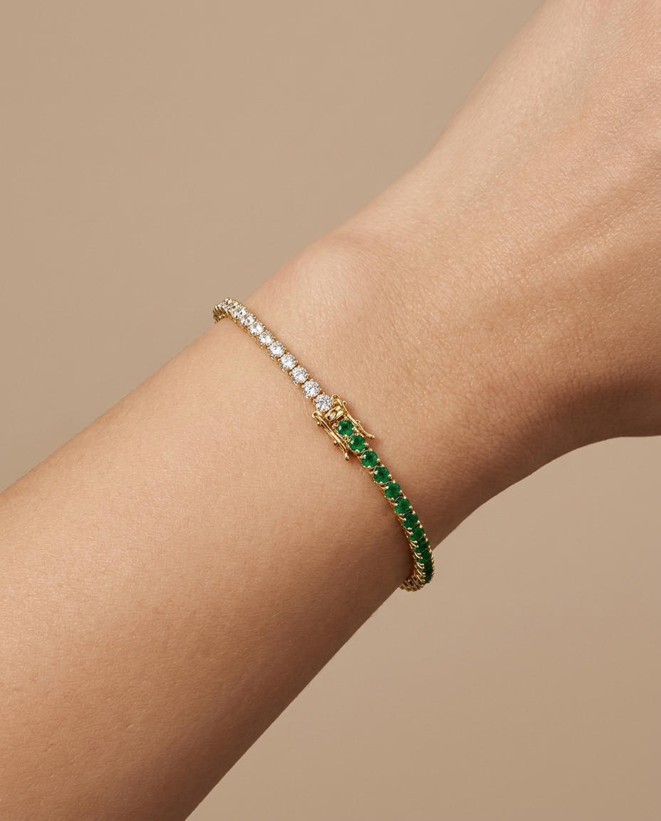 14KT Gold Diamonds and Emerald Tennis Bracelet on model