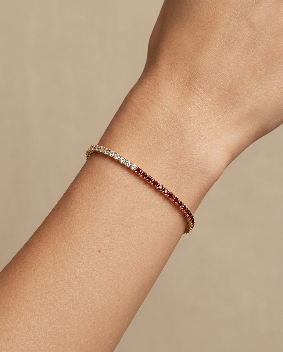 14KT Gold Diamonds and Ruby Tennis Bracelet on model