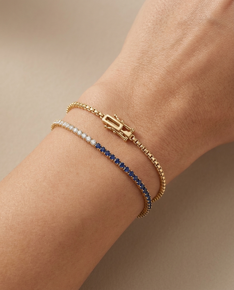 14KT Yellow Gold Diamonds and Blue Sapphire Tennis Bracelet on model