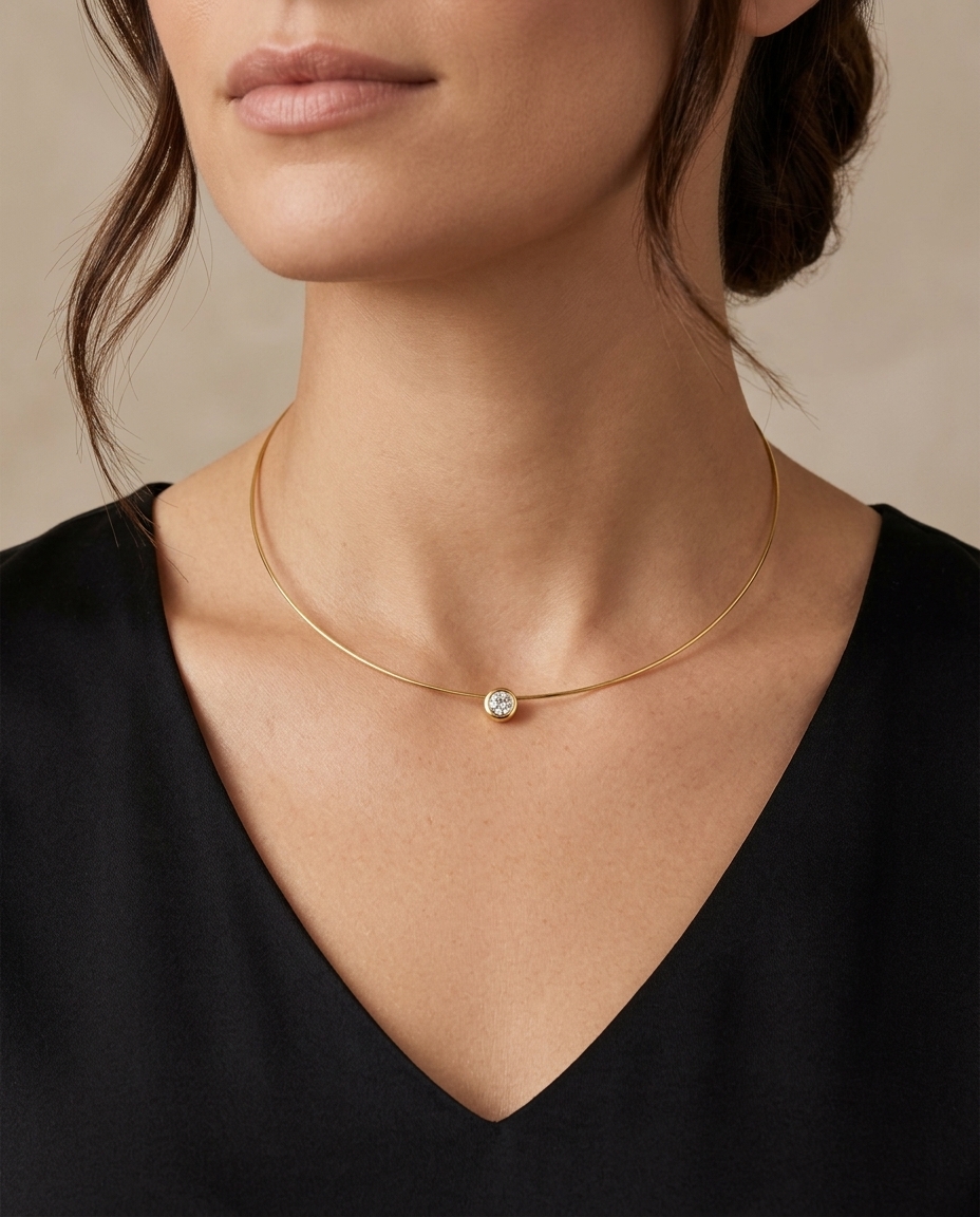 18KT Gold Omega Necklace with Floating Diamond 16" on model