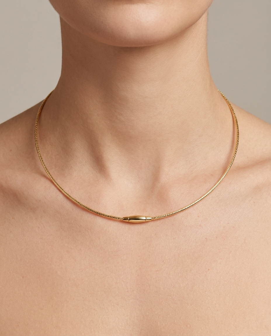 18KT Gold Omega Diamond Cut Necklace 16" on model