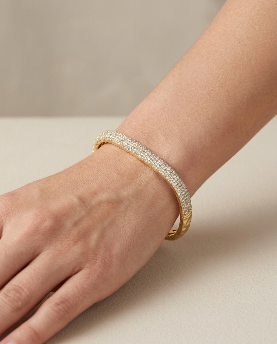 14KT Yellow Gold Square Bangle with Diamonds on model