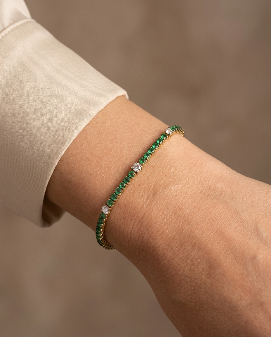 18K Yellow Gold Emerald and Diamond Tennis Bracelet on model