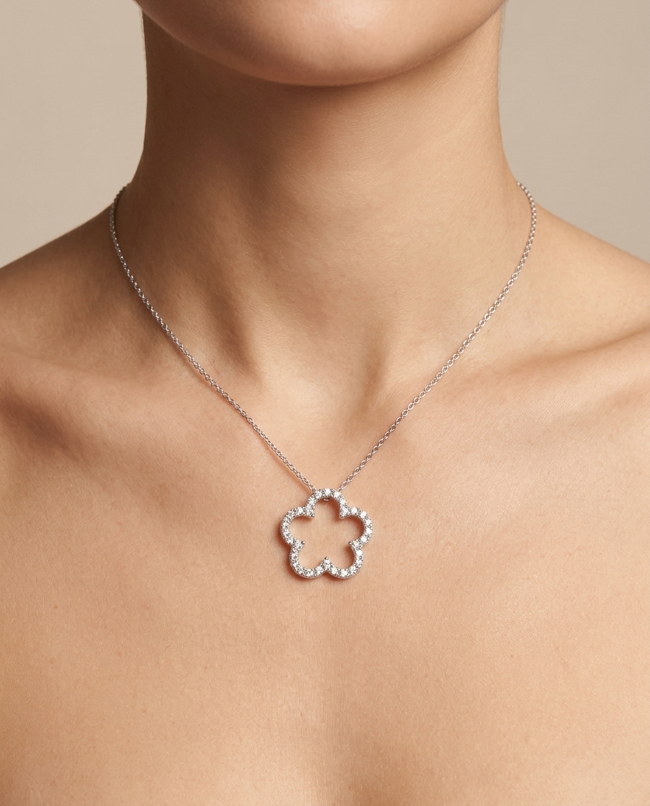 14KT Gold Diamond Flower Necklace on model