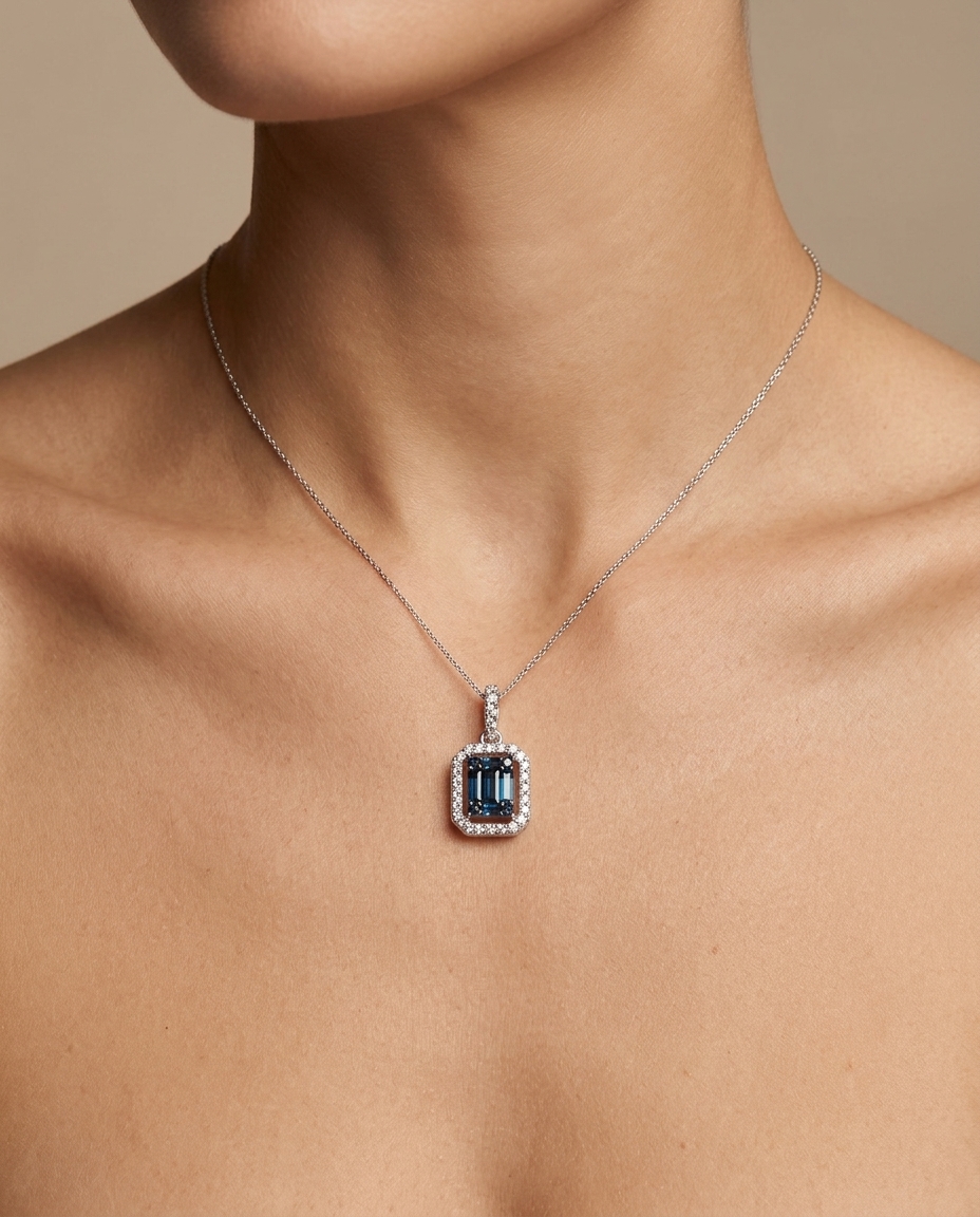 18KT White Gold Blue Sapphire with Diamonds Pendant on model