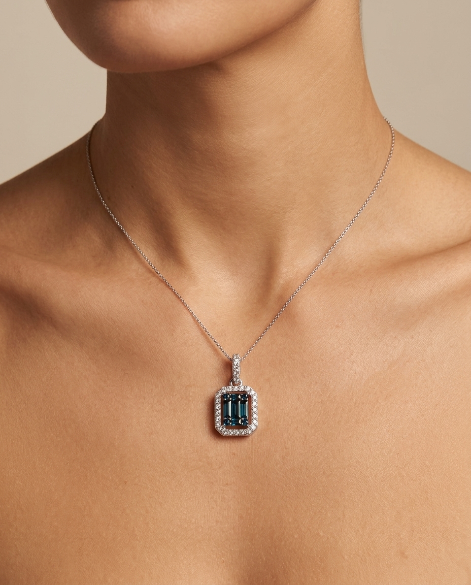 18KT White Gold Blue Sapphire with Diamonds Pendant on model