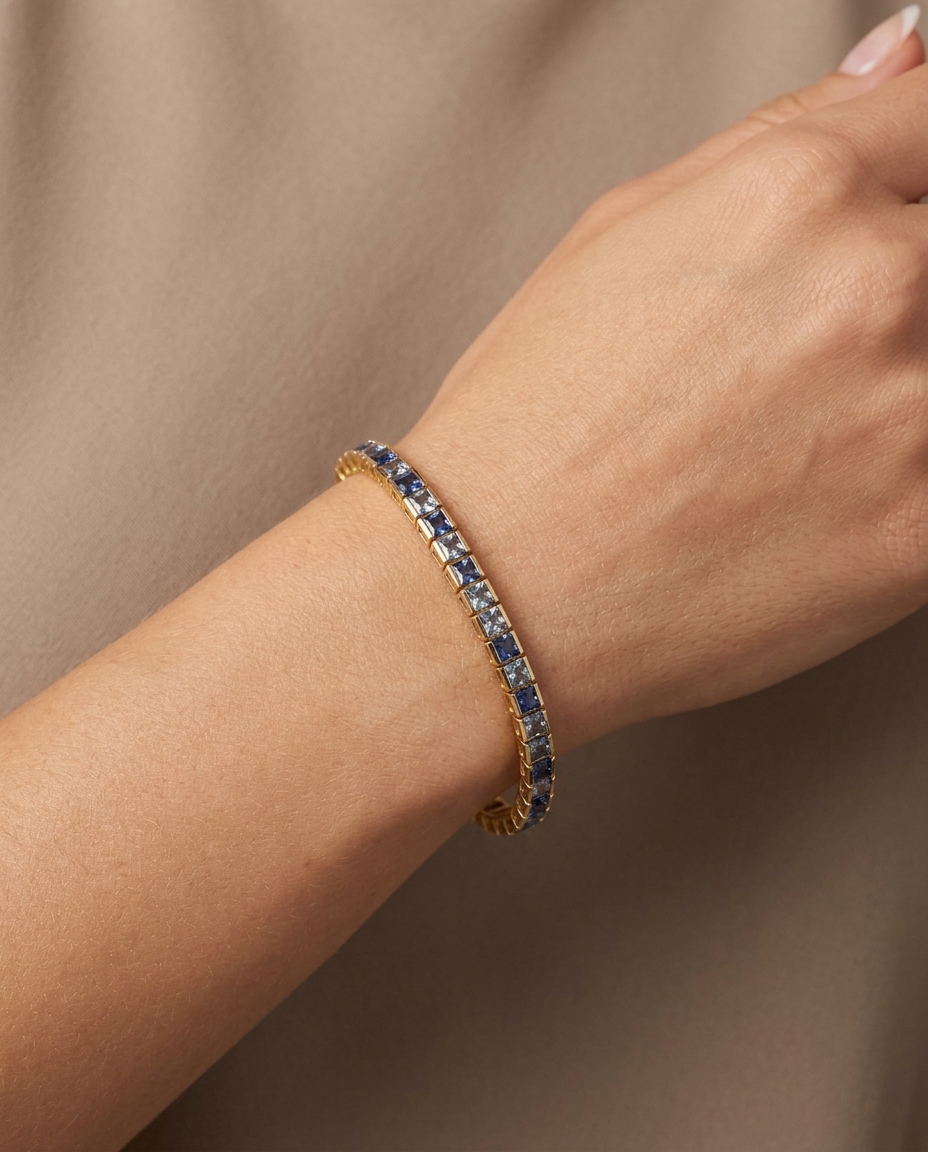 18KT Gold Blue Sapphire Bracelet on model