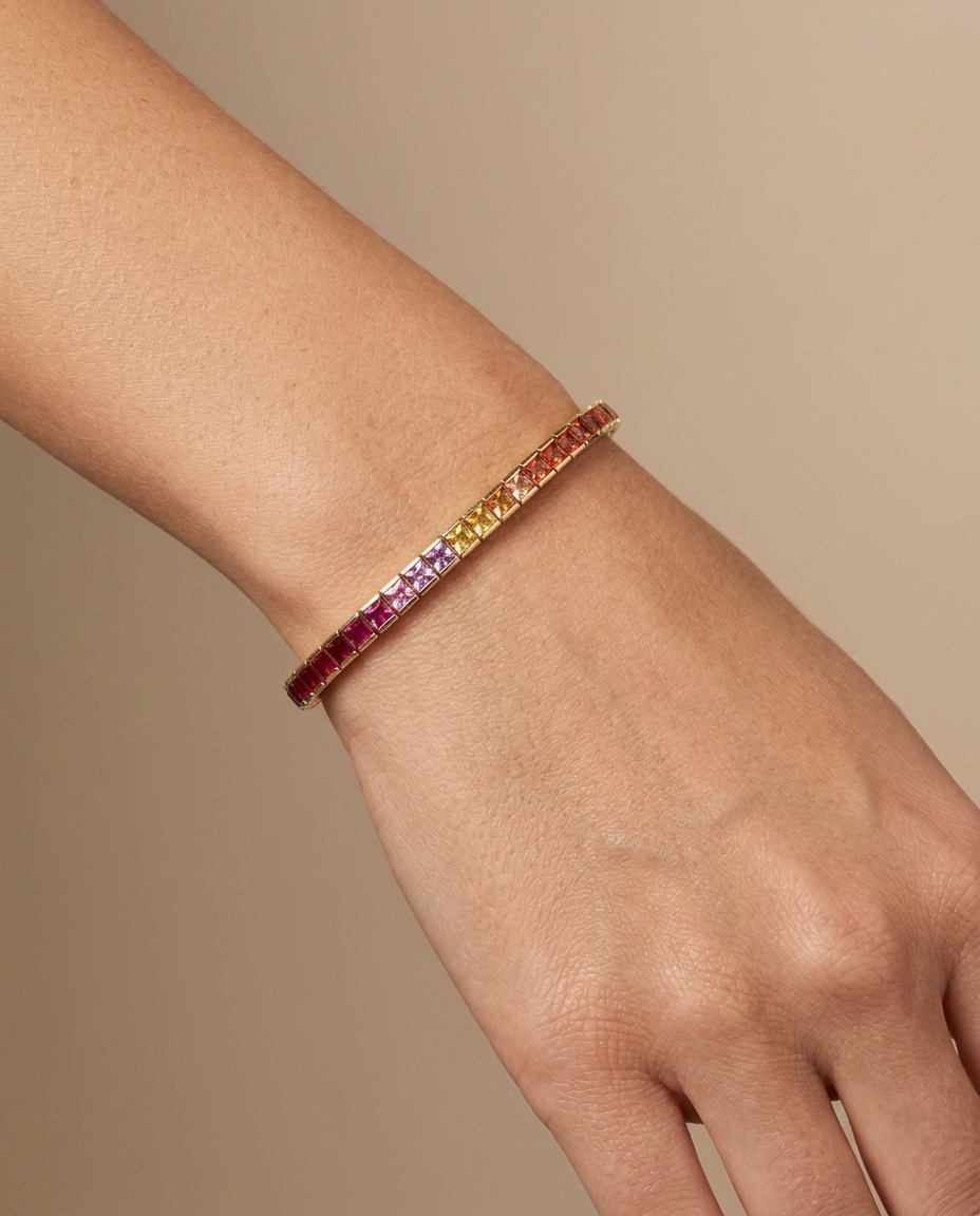 18KT Yellow Gold Multi Sapphire Bracelet on model