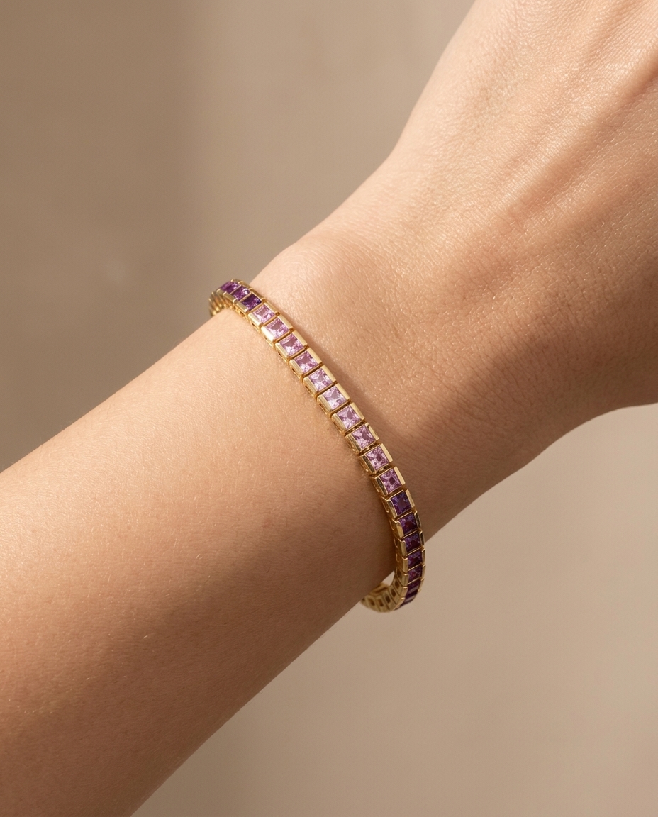 14KT Yellow Gold Pink Sapphire Bracelet on model