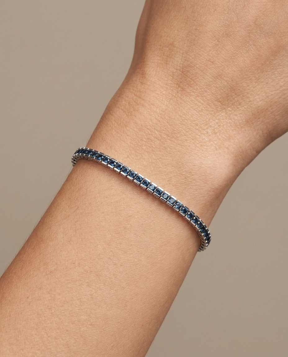 14KT Gold Blue Diamonds Tennis Bracelet on model