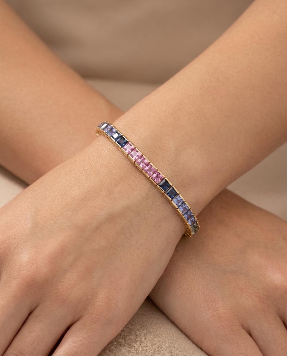 18KT Gold Square Multi Sapphire Tennis Bracelet on model