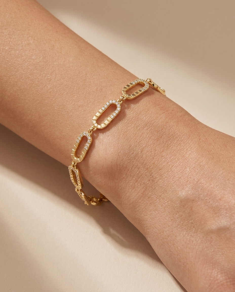 14KT Gold Half Diamond Paperclip Chain Bracelet on model