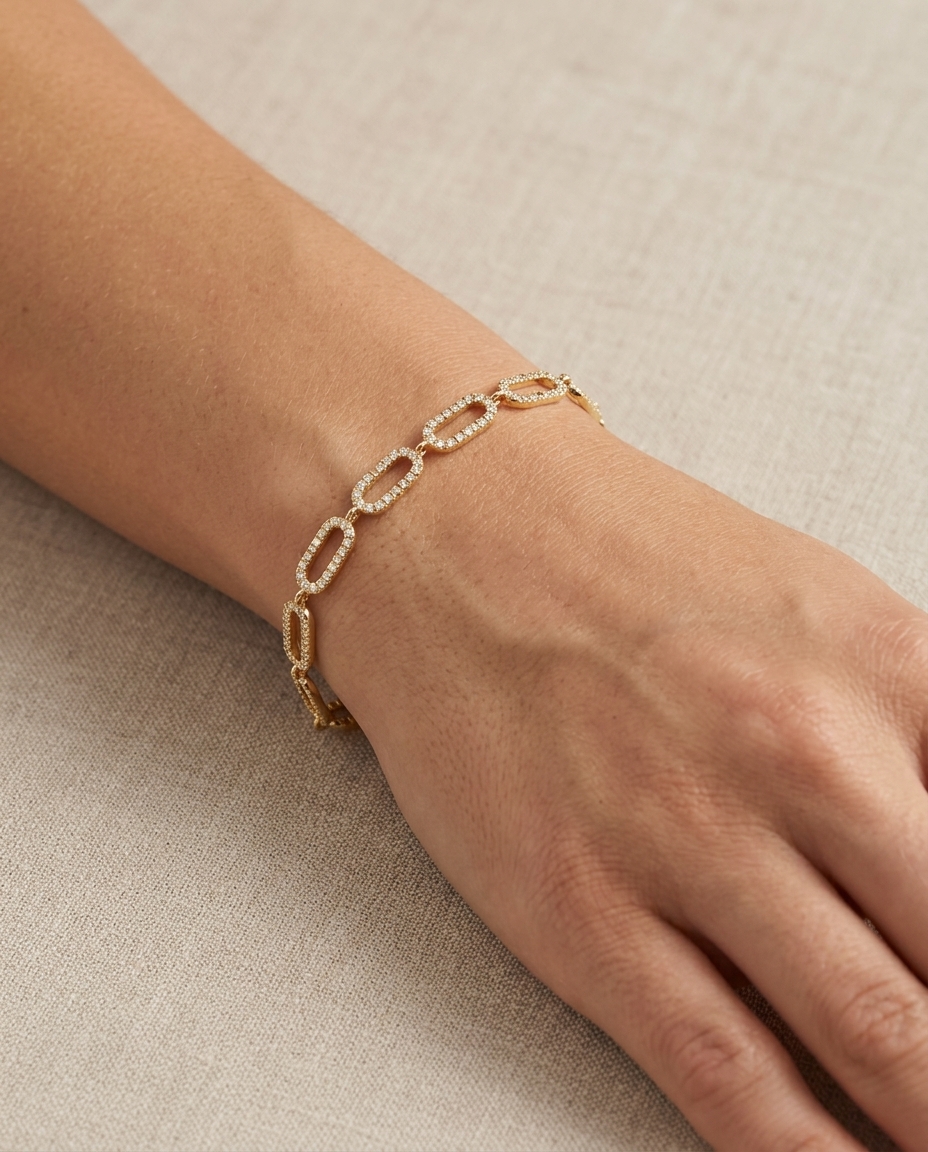 14KT Gold Half Diamond Paperclip Chain Bracelet on model