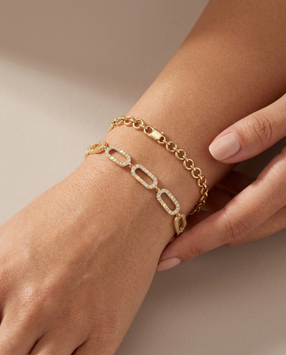 14KT Gold Half Diamond Paperclip Chain Bracelet on model