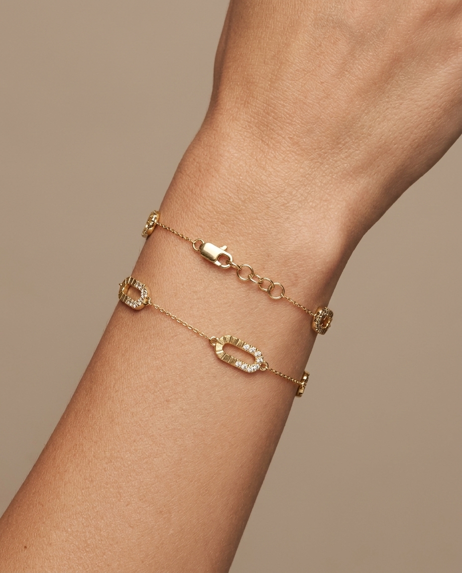 14KT Gold Half Diamond Paperclip Chain Bracelet on model