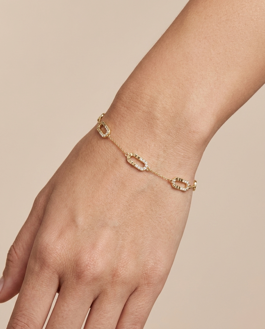 14KT Gold Half Diamond Paperclip Chain Bracelet on model