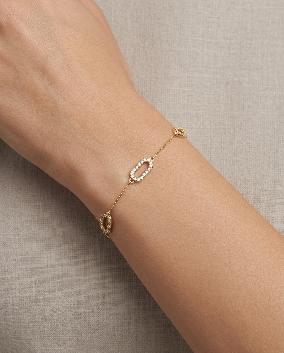 14KT Gold Half Diamond Paperclip Chain Bracelet on model