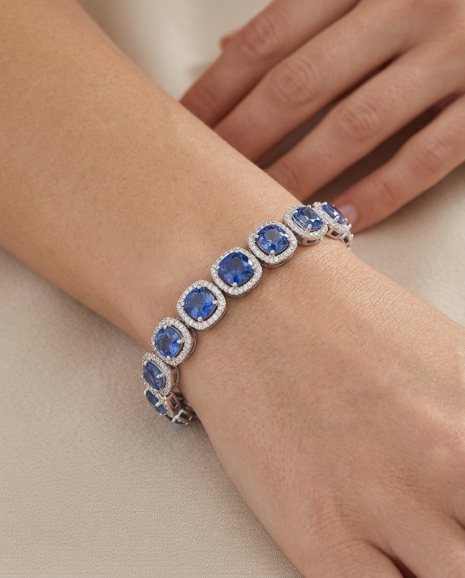 14KT Gold Diamond Sapphire Cushion Shape Bracelet on model