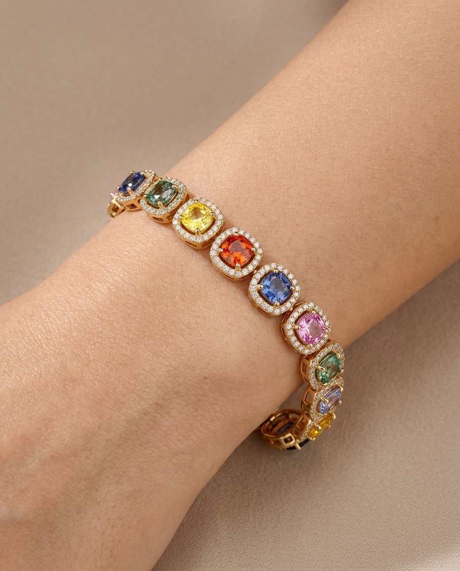 14KT Gold Cushion Shape Multi Sapphire Diamond Bracelet on model