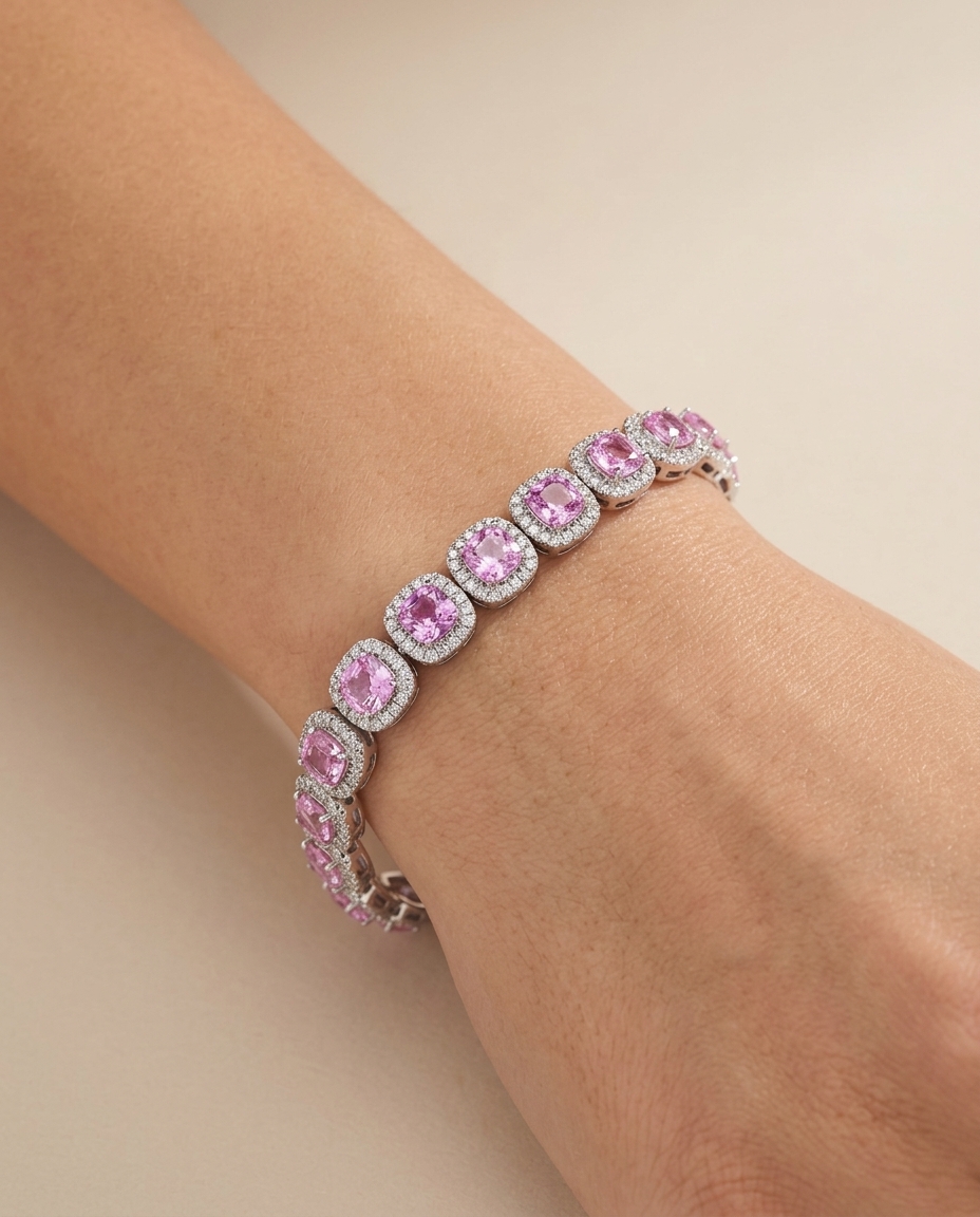 14KT Gold Cushion Shape Pink Sapphire Diamond Bracelet on model