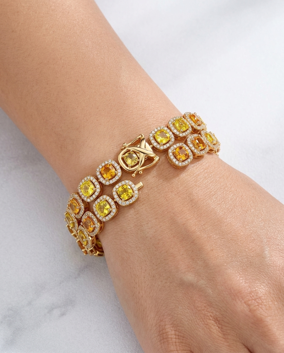 14KT Gold Cushion Shape Yellow Sapphire Diamond Bracelet on model