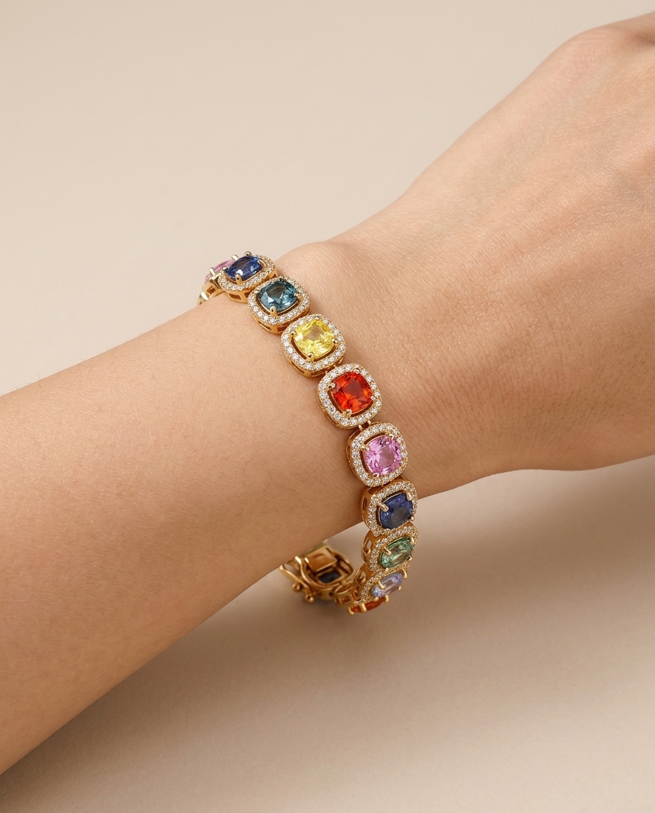 14KT Gold Cushion Shape Multi Sapphire Diamond Bracelet on model