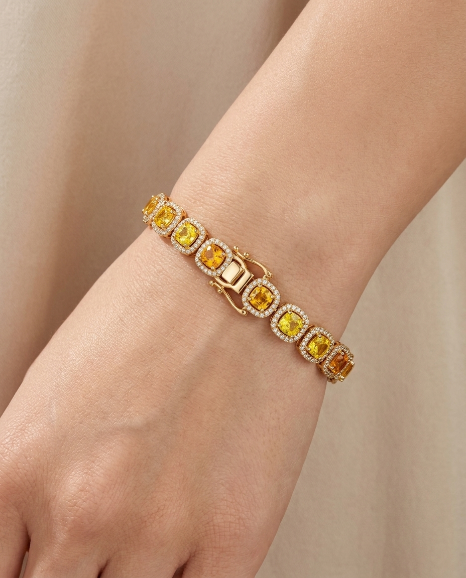 14KT Gold Cushion Shape Yellow Sapphire Diamond Bracelet on model