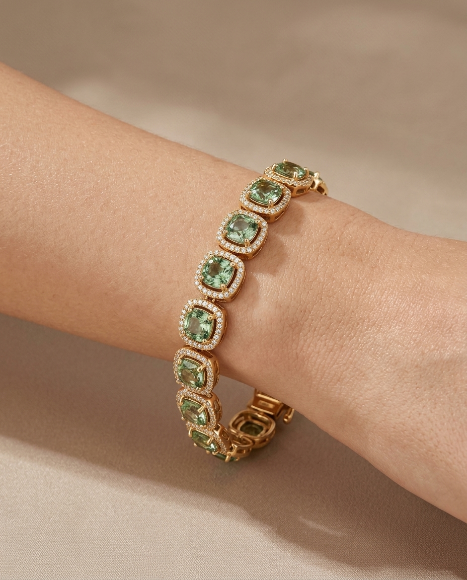 14KT Gold Cushion Shape Green Sapphire Diamond Bracelet on model