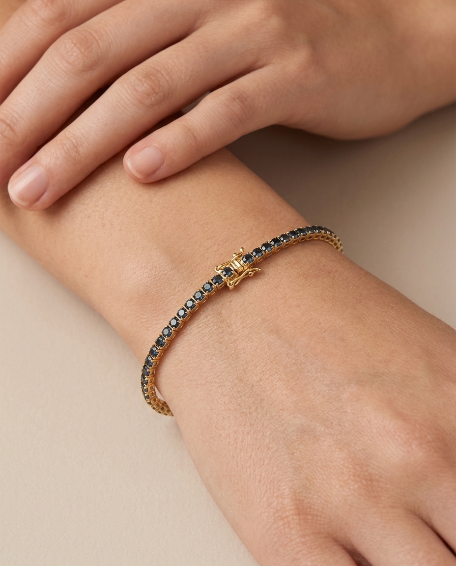 14KT Gold Blue Diamonds Tennis Bracelet 2.00 Cts on model